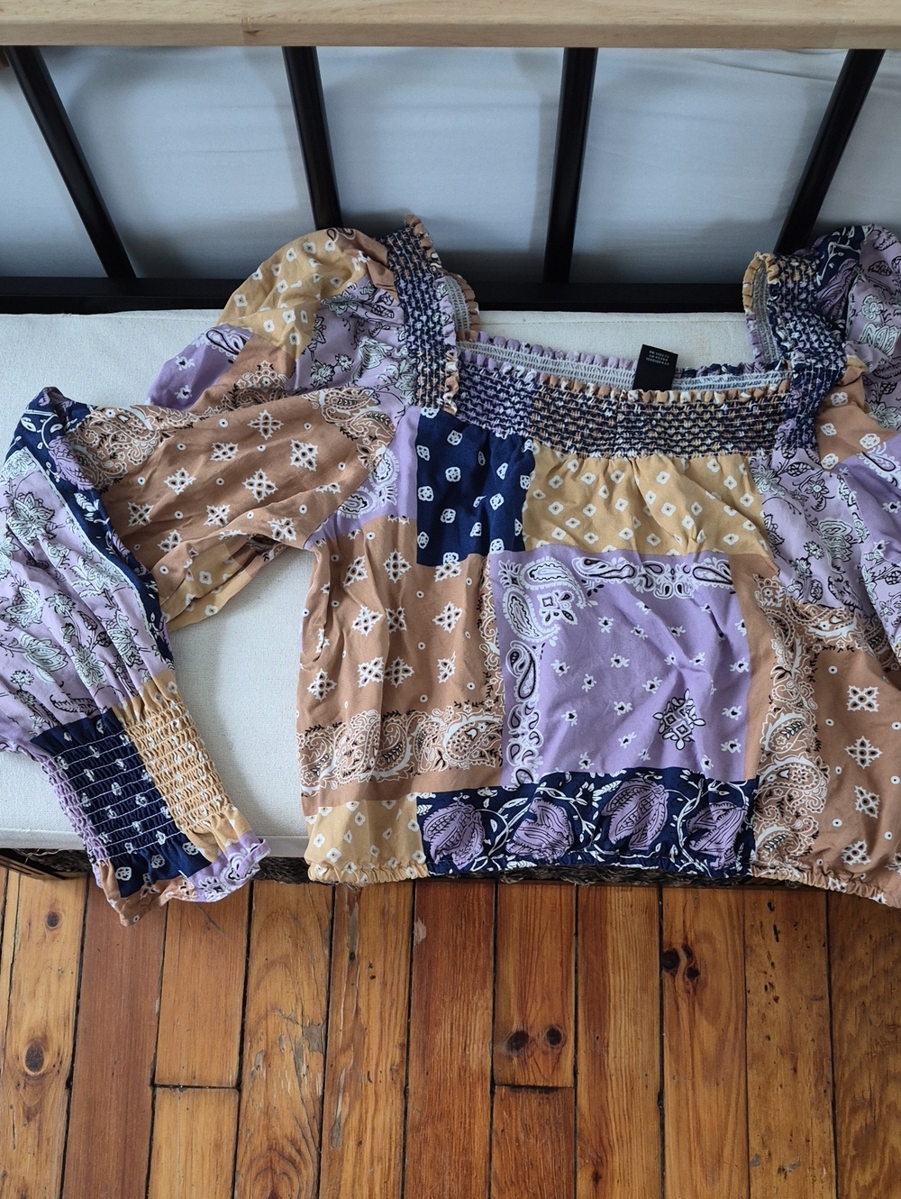 Wrangler Retro Patchwork Crop Top Medium Smocked Boho Long Sleeve